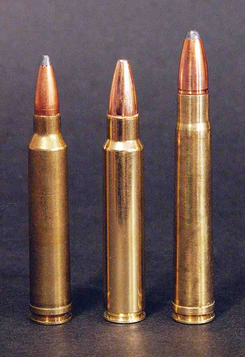 Many post-World War II “magnums,” whether belted like the .300 Winchester Magnum (left) or beltless like the .375 Ruger (center), have much shorter necks than older magnums like the .375 H&H (right), yet due to thicker case bodies, have as much or more powder capacity.
